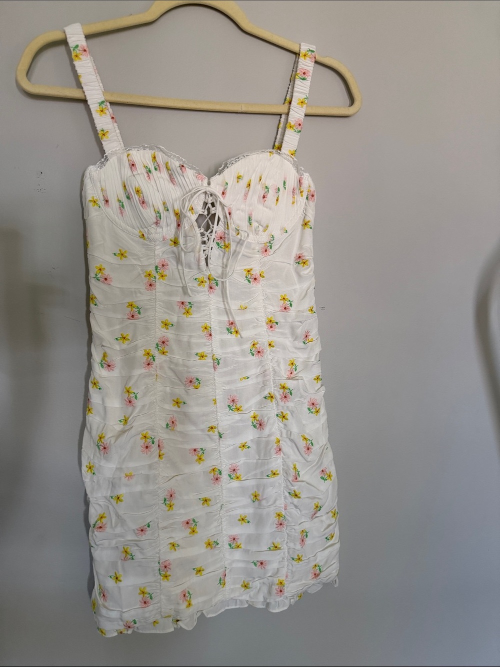 For Love and Lemons White Dress with Pink and Yellow Floral Embroidery
